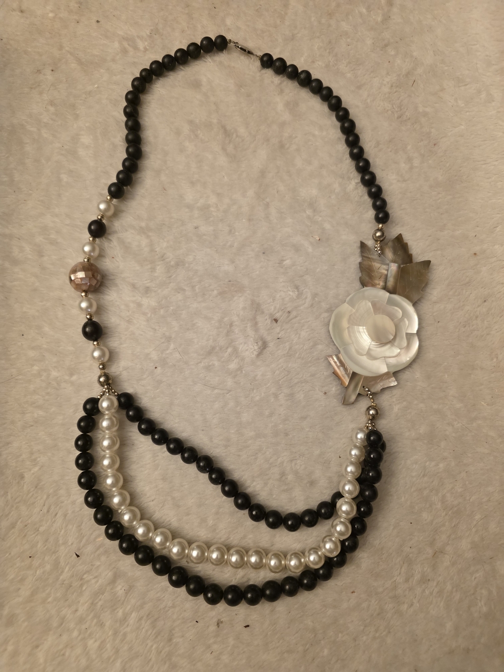 Black and White Pearl Floral Accent Multi-Strand Necklace